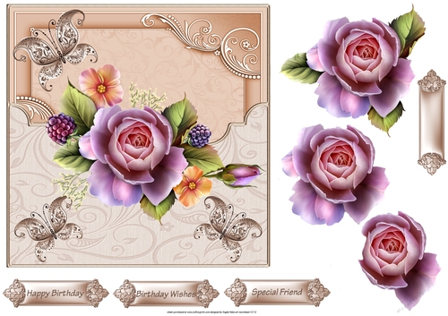 Rose and berry 7x7 card with decoupage