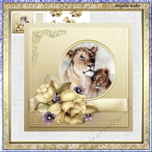Lion family and cream rose 7.5x7.5 card with decoupage
