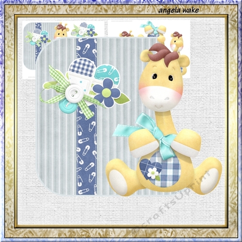 Baby giraff over the side card with large decoupage and sentiment tags