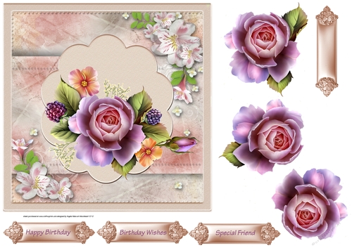 A perfect rose 7x7 card with decoupage and sentiment tags