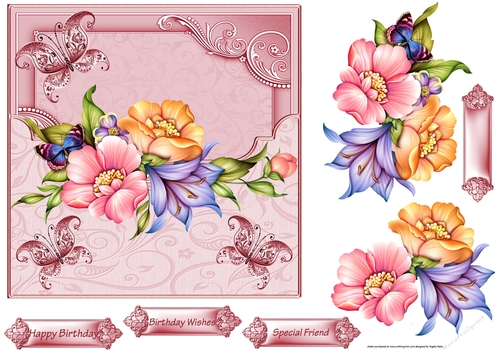 Florals and butterfly 7x7 card with decoupage and sentiment tags
