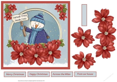 Frozy snowman and poinsettia 7x7 card with decoupage