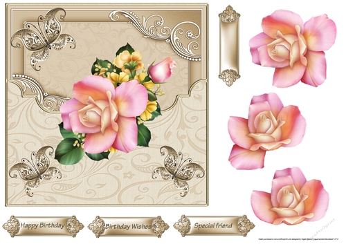Butterfly and pink rose 7x7 card with decoupage