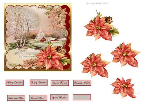 House over the stream 5.5x5x5 card with decoupage and sentiment tags