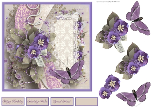 Violets and lace 7x7 card with decoupage