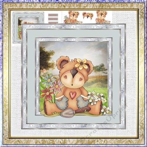 Teddy how does your garden grow 7.5x7.5 card with decoupage