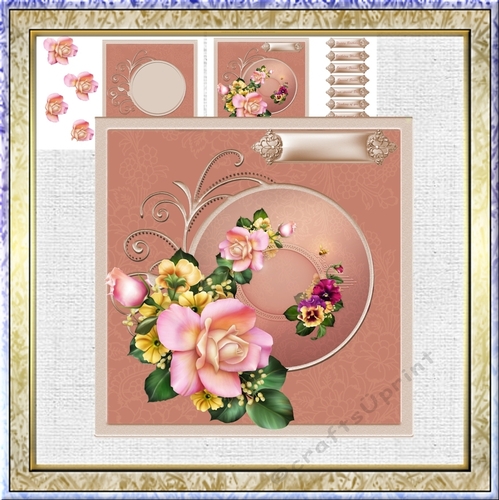 Pink rose 7x7 card with decoupage and sentiment tags and insert