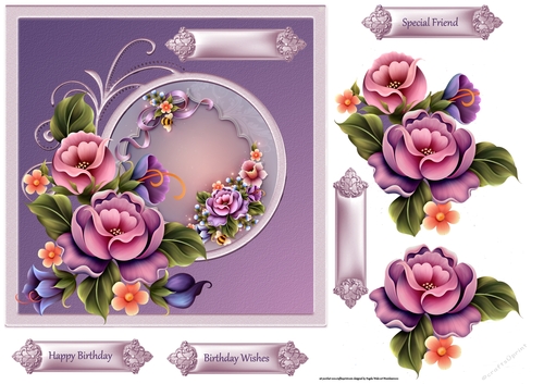 Garden enchantment 7x7 card with decoupage and sentiment tags