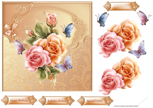 Butterfly and roses 7x7 card with decoupage and sentiment tags