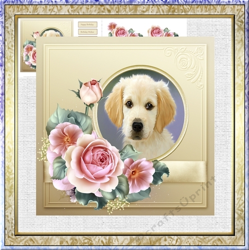 Rose and puppy 7x7 card with decoupage and sentiment tags