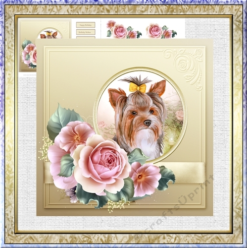Yorkshire terrier and roses 7x7 card with decoupage