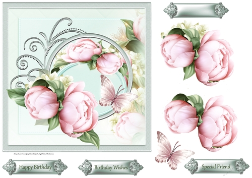Peony rose 7x7 card with decoupage and sentiment tags