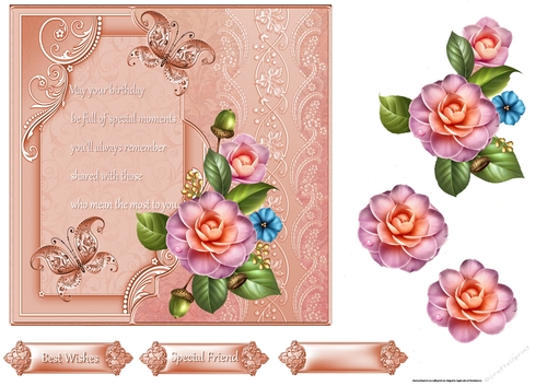 Camelia with verse 7x7 card and decoupage with sentiment tags