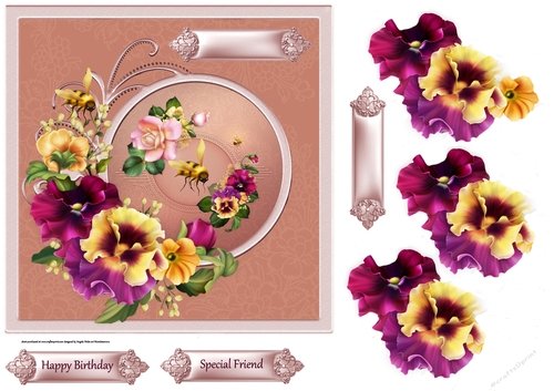 Summer pansy 7x7 card with decoupage