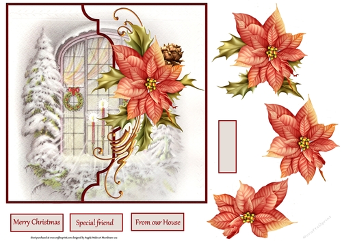 Christmas window and poinsettia 7x7 card with decoupage