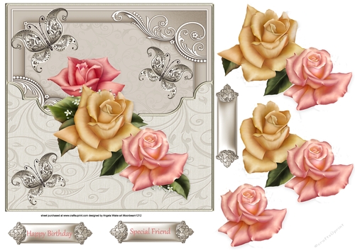 Pink rose 7x7 card with decoupage and sentiment tags