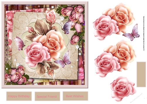 Romance rose 7x7 card with decoupage