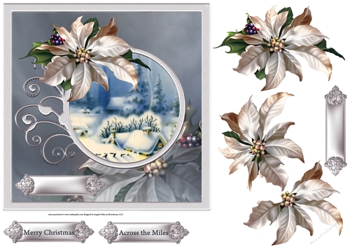 Vintage Christmas 7x7 card with poinsettia decoupage and sentiment tags