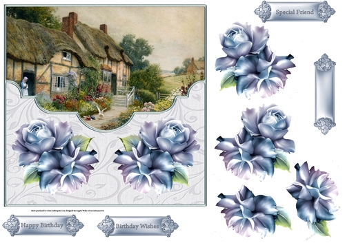 Village life with blue rose 7x7 card with decoupage