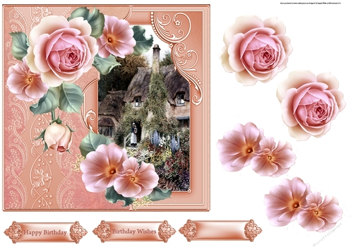Country cottage garden 7x7 card with decoupage