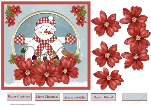Snowman and poinsettias 7x7 card with decoupage