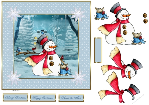 Snowman and friend dog 7x7 card with decoupage