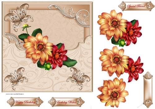 Dahlia and butterfly 7x7 card with decoupage and sentiment tags