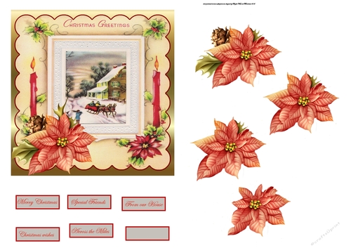 Christmas visitors 5.5x5.5 card with decoupage and sentiment tags