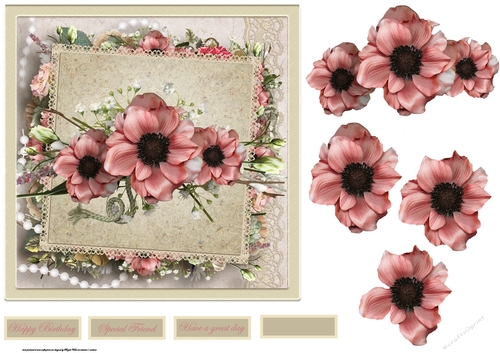 Wild poppy 7x7 card with decoupage and sentiment tags