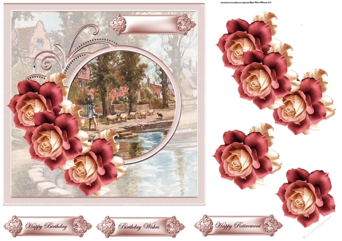 Rustic rose and village life 7x7 card with decoupage