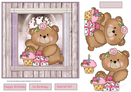 Baby girl bear 1st birthday 7x7 card with decoupage and sentiment tags