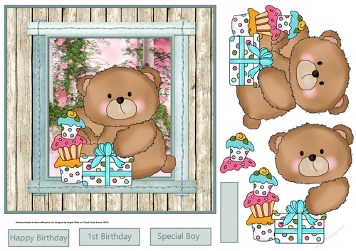 baby boy bear 1st birthday 7x7 card with decoupage