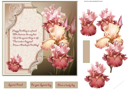 pink iris with verse for a friend, 7x7 card with decoupage
