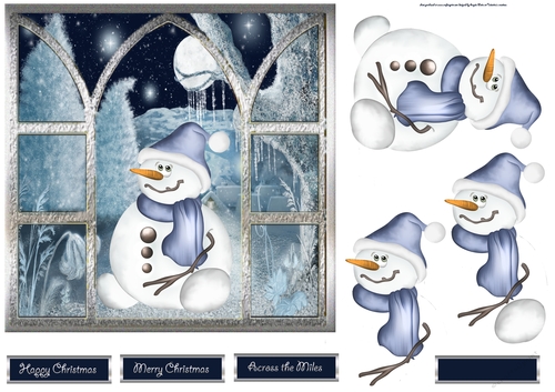 Snowman in the moonlight 7x7 card with decoupage