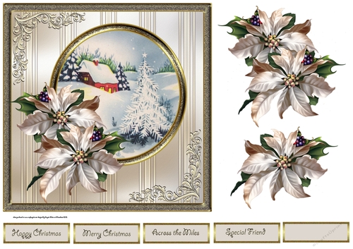House in the snowhills 7x7 card with decoupage and sentiment tags
