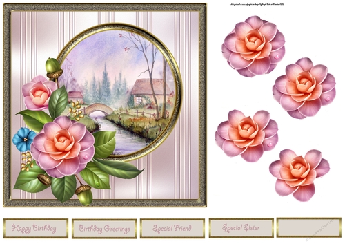 Spring river and camelia 7x7 card with decoupage