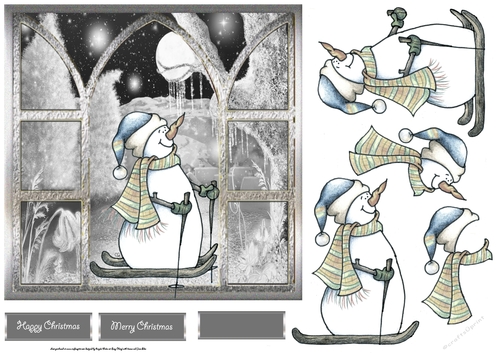 Sking snowman 7x7 card with decoupage and sentiment tags