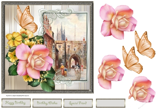 Bridlington town card with rose decoupage and sentiment tags