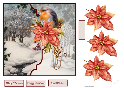 Robin and vintage Christmas 7x7 card with decoupage and sentiment tags