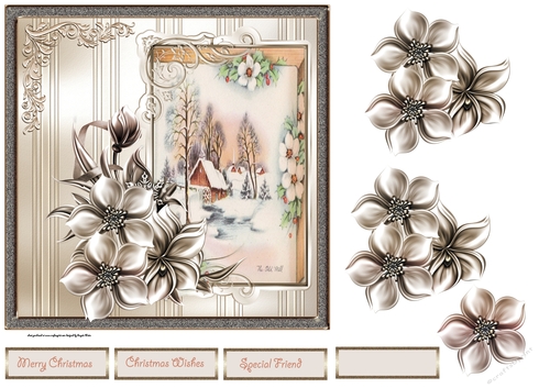The old mill 7x7 card with decoupage and sentiment tags