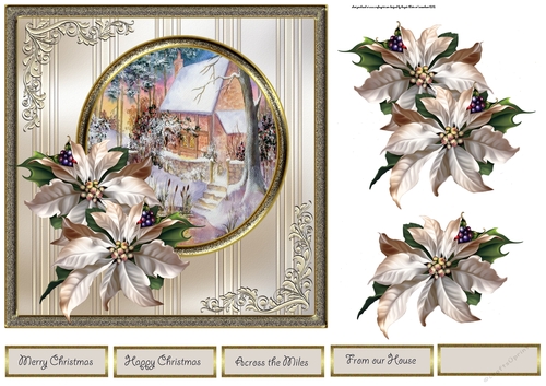woodland cottage and poinsettias 7x7 card with decoupage