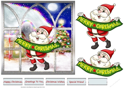 Santas greeting 7x7 card with large decoupage and sentiment tags