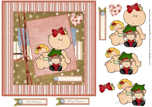baby girls Christmas 7x7 card with decoupage and sentiment tags