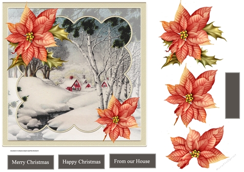 Winter stream7x7 card with poinsettia decoupage