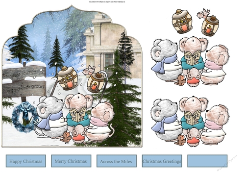 Mice carol singers shaped card with decoupage and sentiment tags
