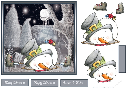 Snowman chilin out 7x7 card with decoupage and sentiment tags