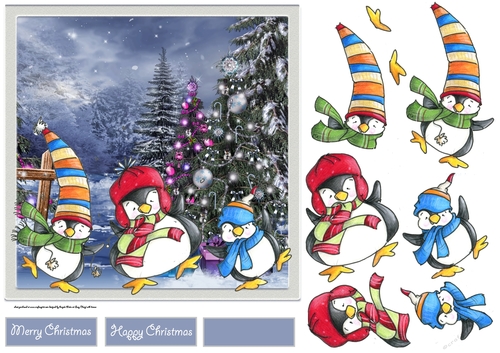 Dancing trio penguins 7x7 card with decoupage and sentiment tags