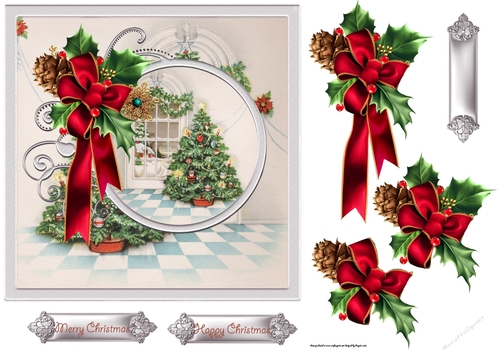 Holly and a Christmas tree 7x7 card with decoupage