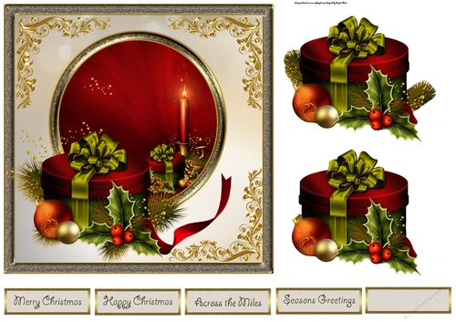 Christmas gift and holly 7x7 card with decoupage