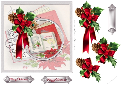Christmas book and holly 7x7 card with decoupage